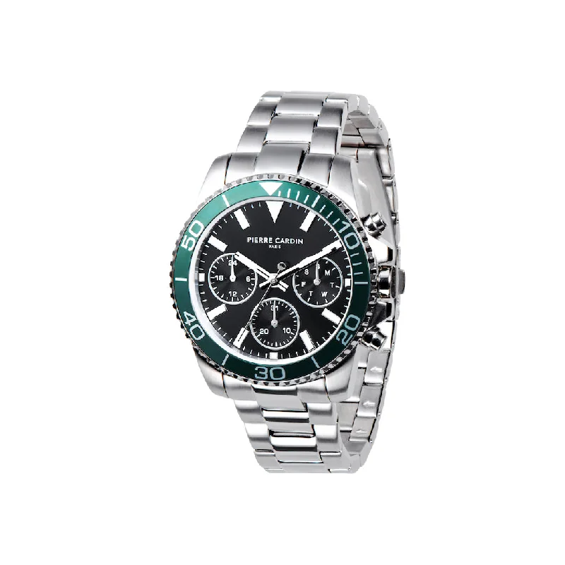 Nation Posh Multifunction watch with Black Dial and Green bezel with a Metal Links Strap