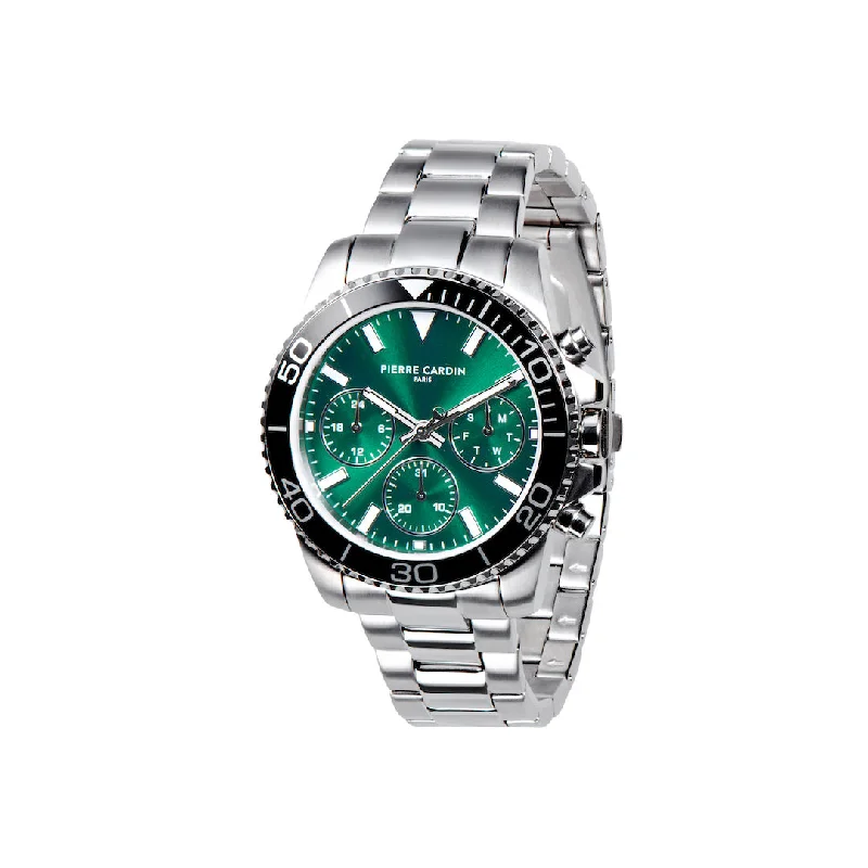 Nation Posh Multifunction watch with Green Dial and Black bezel with a Metal Links Strap