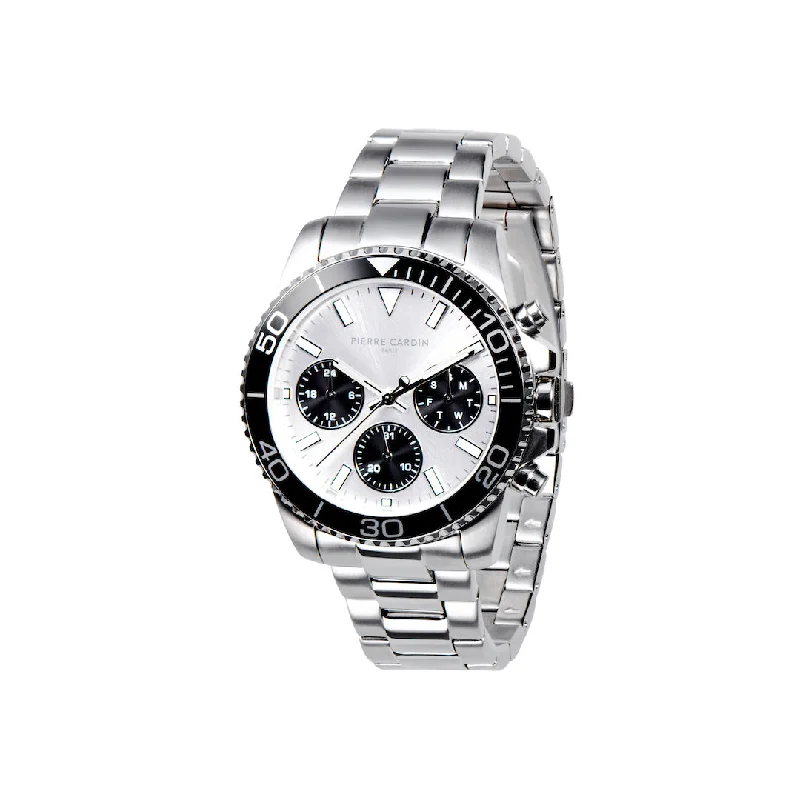 Nation Posh Multifunction watch with Silver and Black Dial and Metal Link Strap