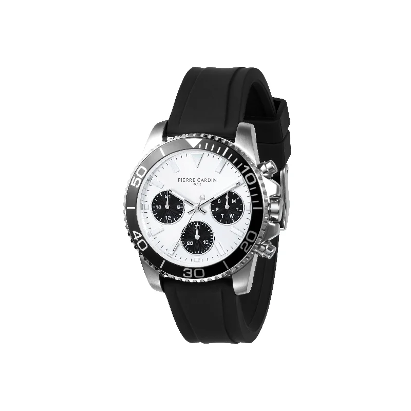 Nation Posh Multifunction watch with Silver and Black Dial and Black Rubber Strap