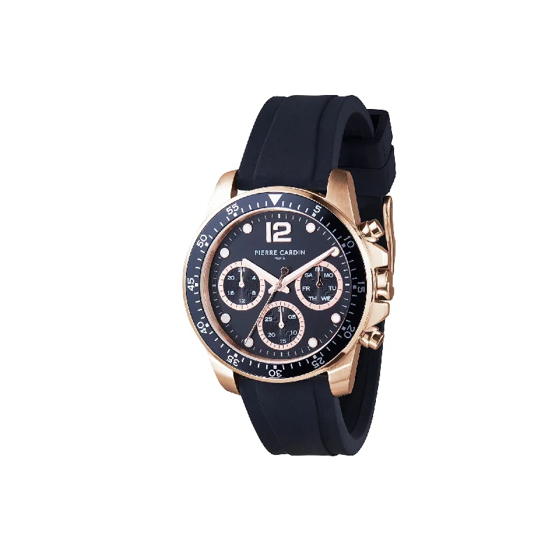 Nation Swank Multifunction Rose Gold watch with Black Dial with Black Bezel with a Rubber Strap