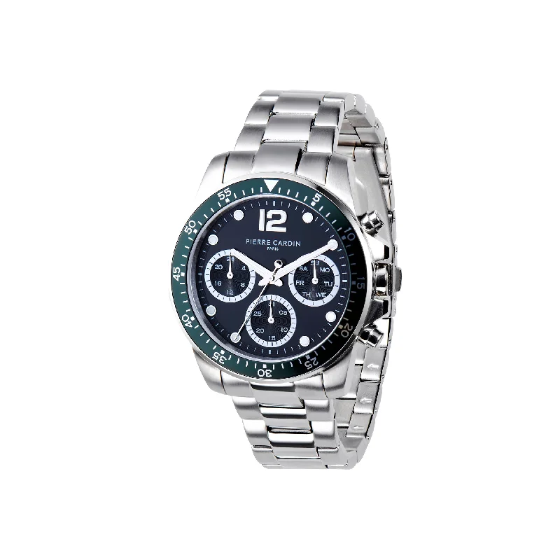 Nation Swank Multifunction watch with Black Dial and Green Bezel with a Metal Links Strap