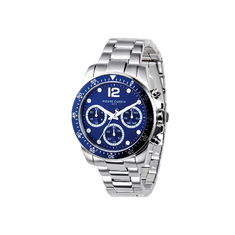 Nation Swank Multifunction watch with Dark Blue Dial and Blue Bezel with a Metal Links Strap