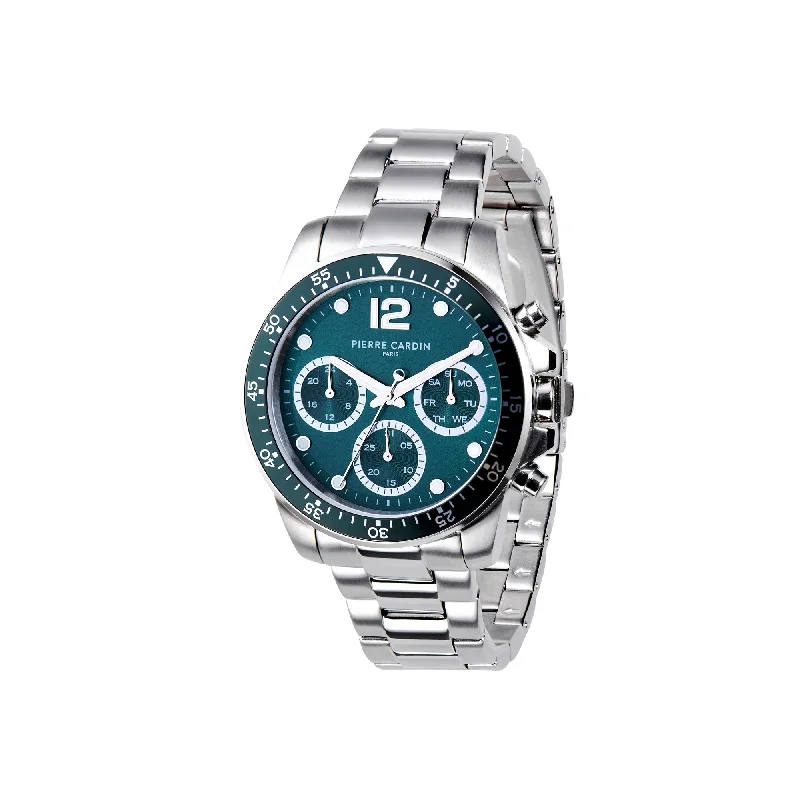 Nation Swank Multifunction watch with Green Dial and Green Bezel with a Metal Links Strap