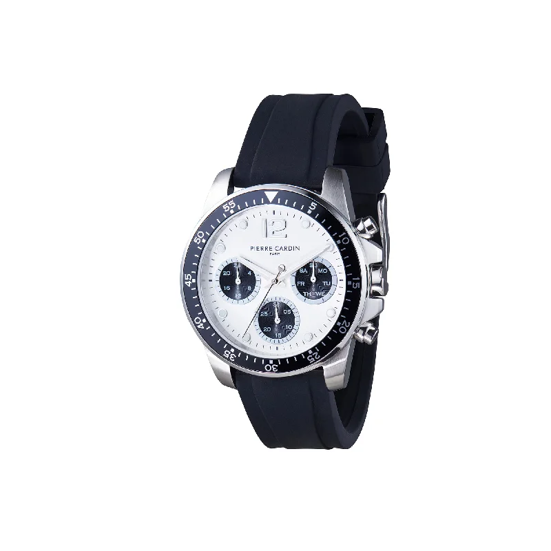 Nation Swank Multifunction watch with Silver Dial with Panda eyes and Black Bezel with a Rubber Strap