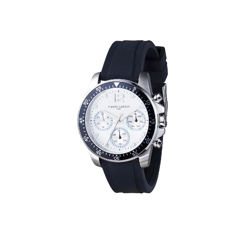 Nation Swank Multifunction watch with Silver Dial and Black Bezel with a Rubber Strap