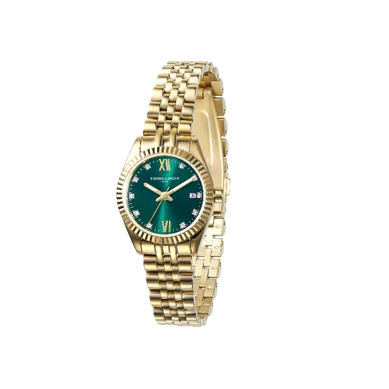 Opera Gold Date Watch with Fluted Bezel and Crystals on a Green Dial