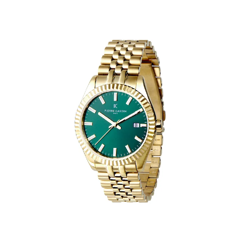 Opera Stainless Gold Watch with Fluted Bezel and Green Dial