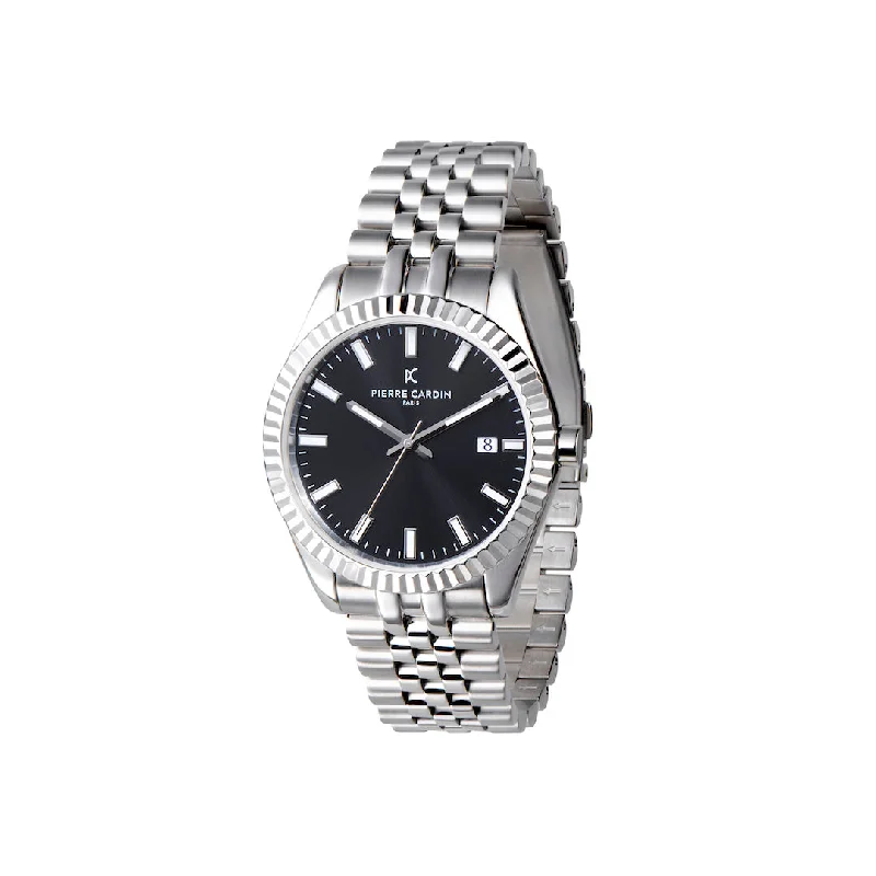 Opera Stainless Steel Date Watch with Fluted Bezel and Black Dial