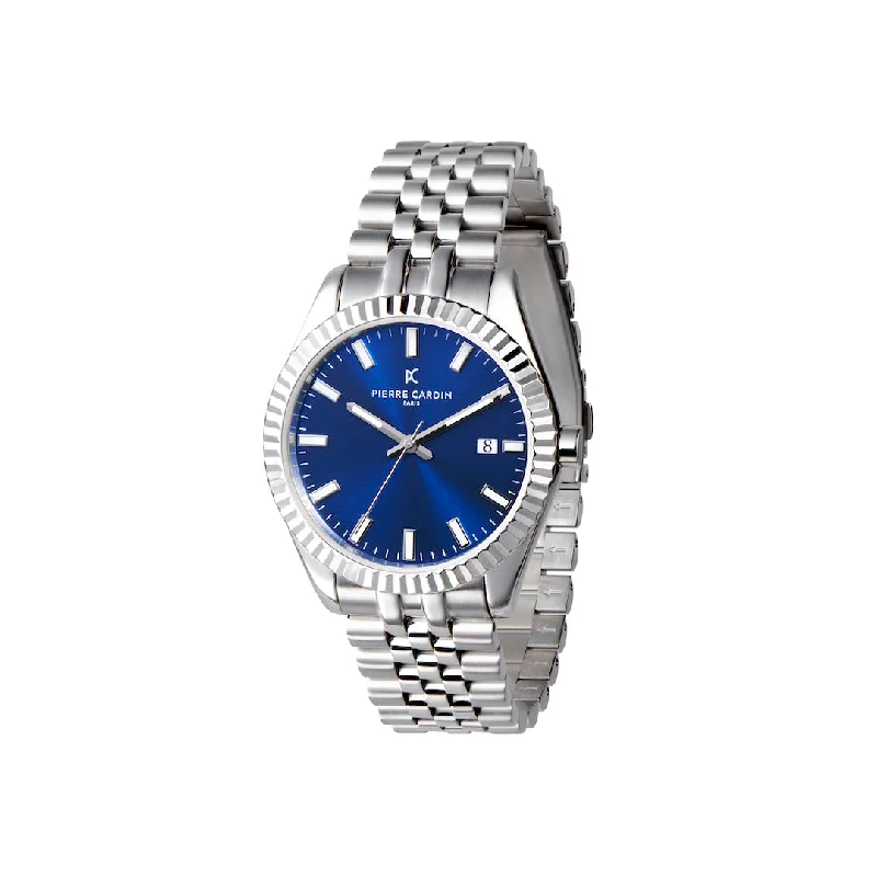 Opera Stainless Steel Date Watch with Fluted Bezel and Blue Dial