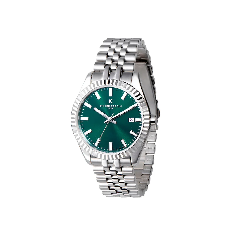 Opera Stainless Steel Date Watch with Fluted Bezel and Green Dial