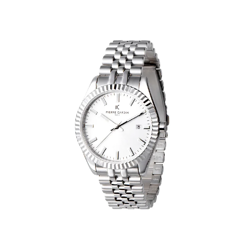 Opera Stainless Steel Date Watch with Fluted Bezel and White Dial