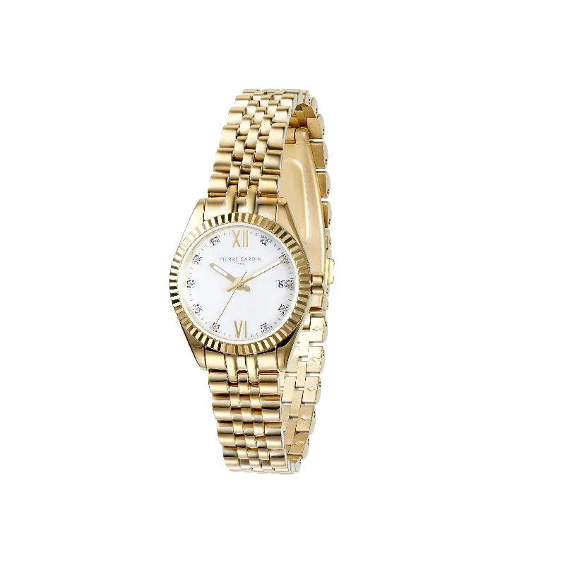 Opera Gold Date Watch with Fluted Bezel and Crystals on a Mother of Pearl Dial