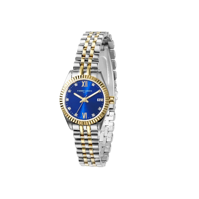 Opera Two Tone Gold and Stainless Steel Date Watch with Fluted Bezel and Crystals on a Blue Dial