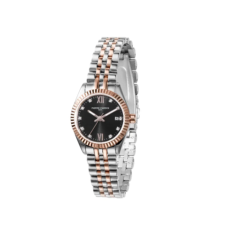 Opera Two Tone Rose Gold and Stainless Steel Date Watch with Fluted Bezel and Crystals on a Black Dial