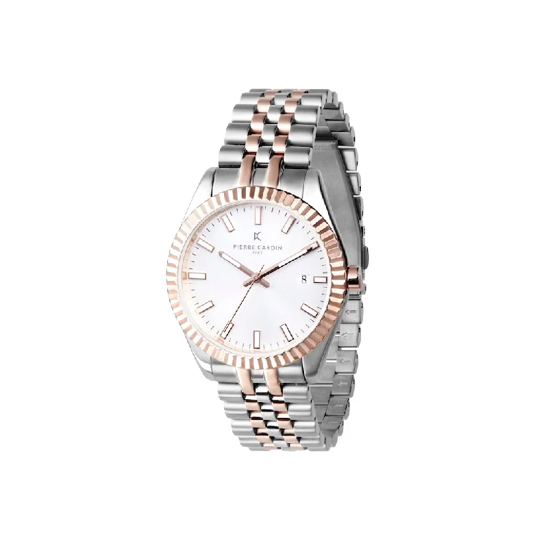 Opera Two tone Stainless Steel and Rose Gold Date Watch with Fluted Bezel and White Dial