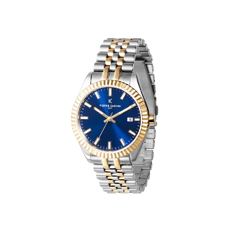 Opera Two tone Stainless Steel and Yellow Gold Date Watch with Fluted Bezel and Blue Dial