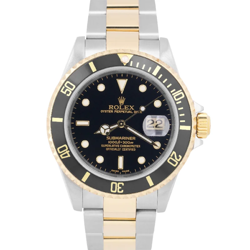 PAPERS Rolex Submariner Date 40mm BLACK 18K Yellow Gold NO-HOLES Steel 16613 BOX