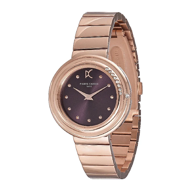 Passy Météore Ladies’ Watch - Rose Gold Case with Plum Dial, Crystal Bezel, and Metal Link Strap