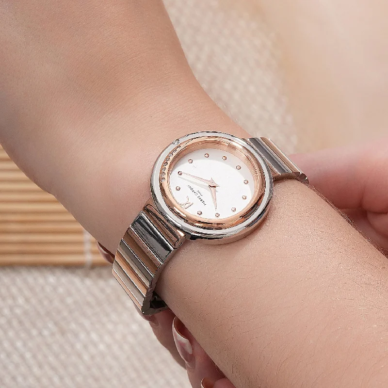 Passy Météore Ladies’ Watch - Two-Tone Rose Gold & Silver Case with Silver White Dial, Crystal Bezel, and Metal Link Strap