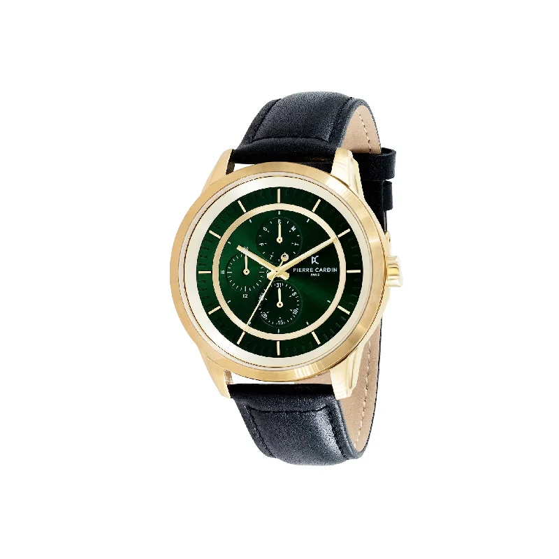 Les Halles Green Dial Gold Multifunction Watch with Black Leather Strap