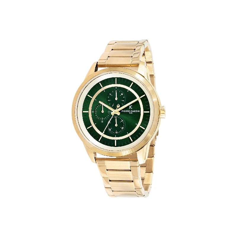 Les Halles Green Dial Gold Multifunction Watch with Metal Links Strap