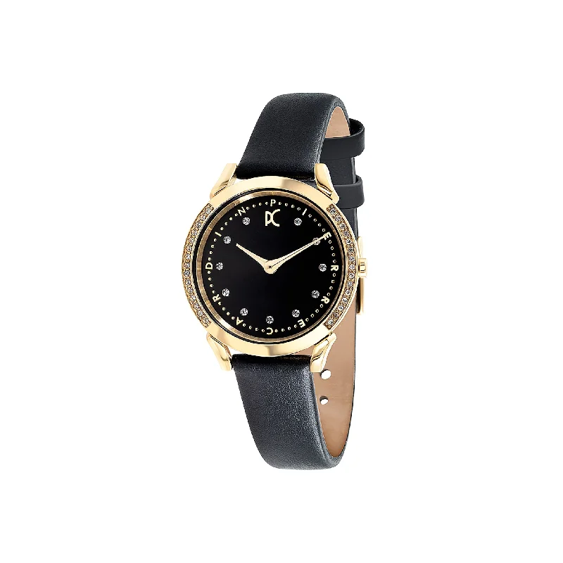 Pigalle Gold Watch with Crystals and Black Leather Strap