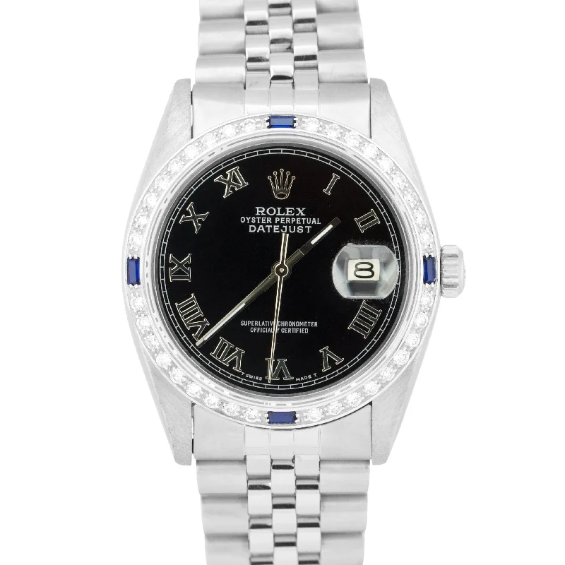 Rolex DateJust 36mm DIAMOND SAPPHIRE Black Roman Stainless Steel JUBILEE 16014