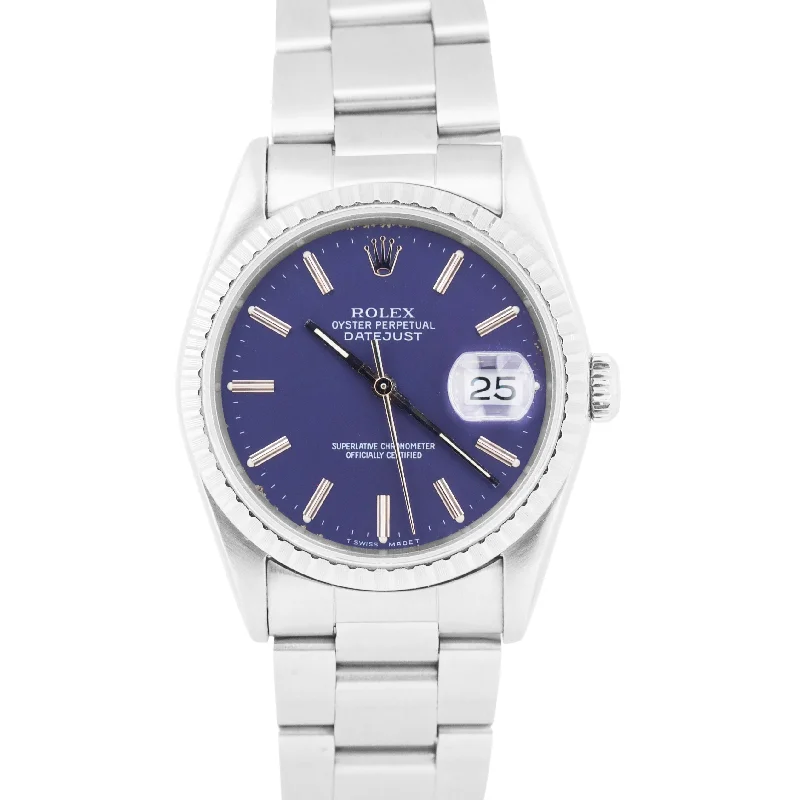 Rolex DateJust BLUE White 36mm ENGINE TURNED Stainless Steel Oyster Watch 16220