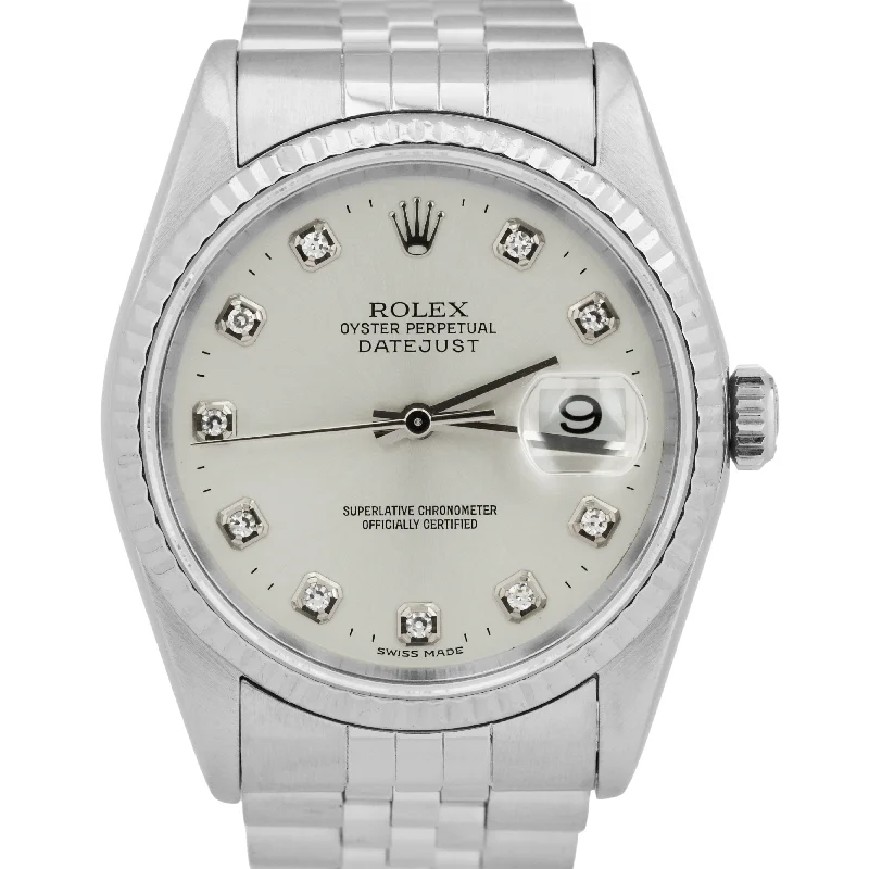 Rolex DateJust FACTORY SILVER DIAMOND 36mm NO-HOLES Steel 18K Gold Jubilee 16234