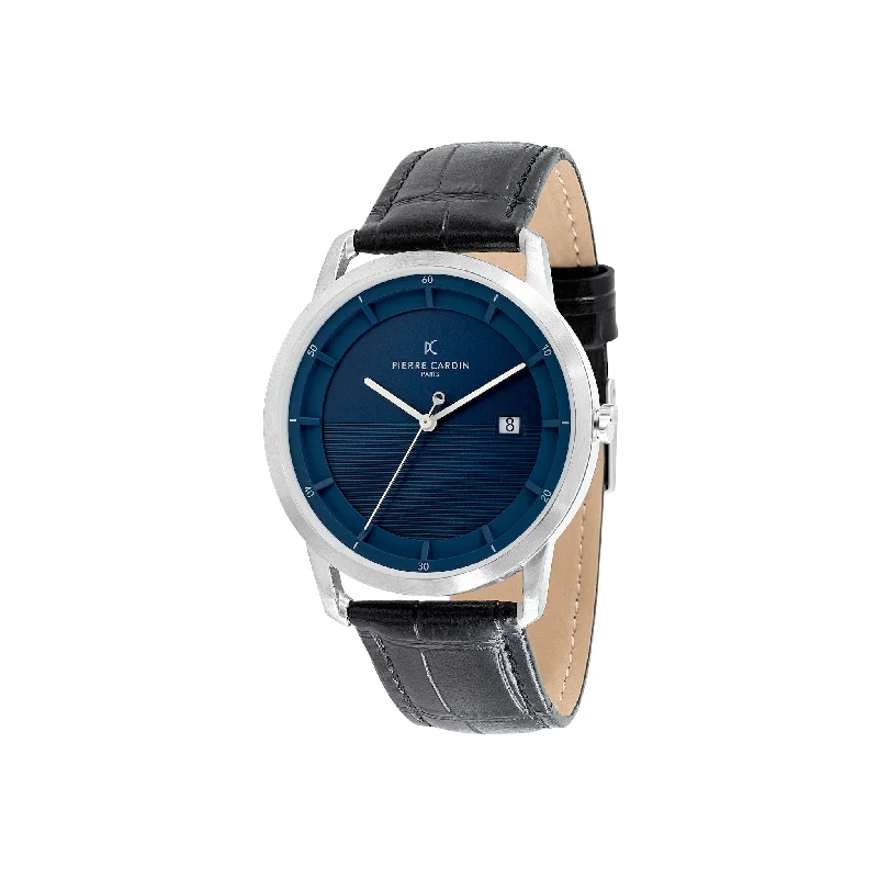 St. Germain Lines Watch with Blue Dial, Silver Case and Black Leather Strap