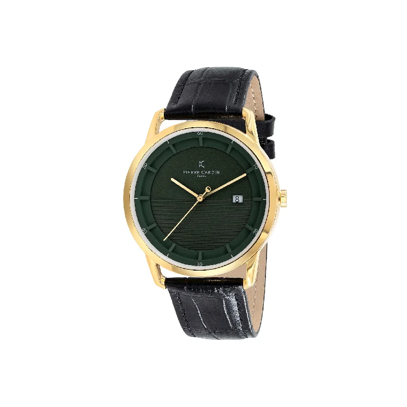 St. Germain Lines Watch with Green Dial, Gold Case and Black Leather Strap