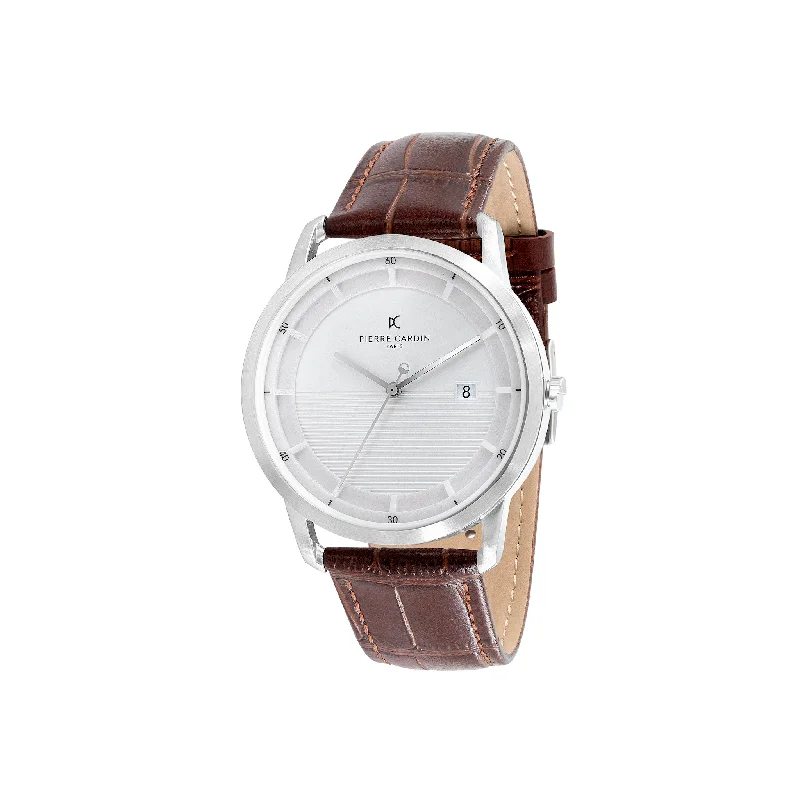 St. Germain Lines Watch with White Dial, Silver Case and Brown Leather Strap