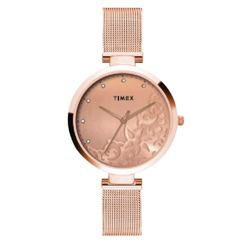 Timex Fashion Women's Rose Gold Dial Round Case 3 Hands Function Watch -TW000X219