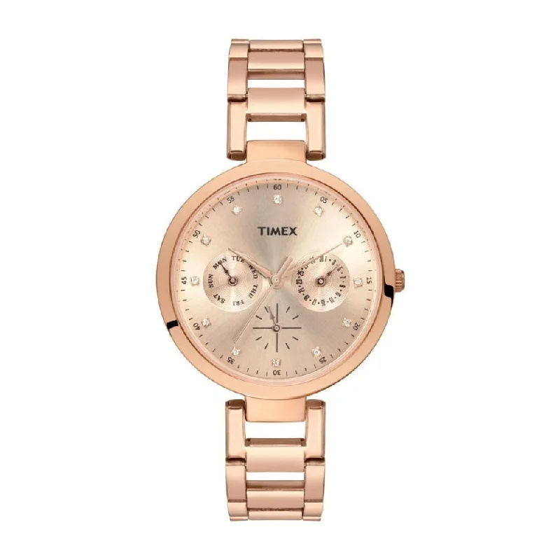 Timex Fashion Women's Rose Gold Dial Round Case Multifunction Function Watch -TW000X209