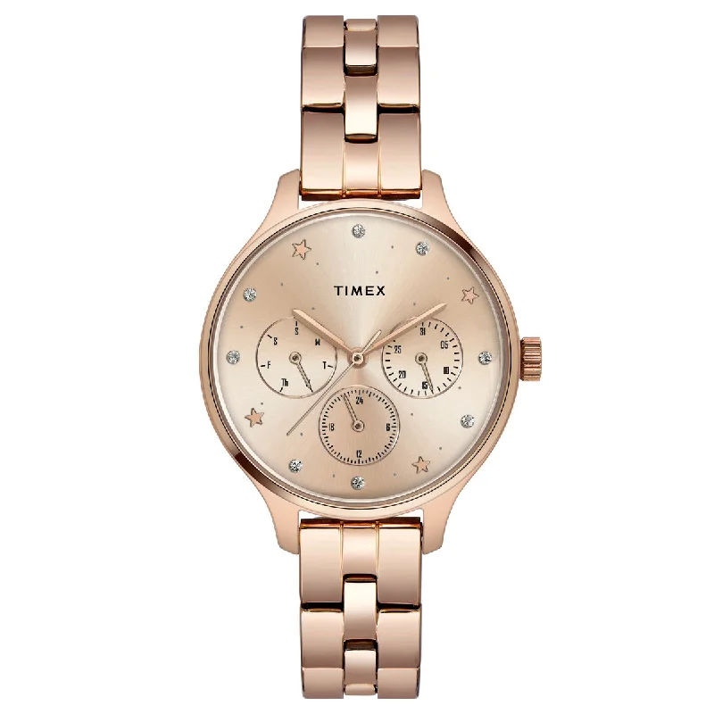 Timex Fashion Women's Rose Gold Dial Round Case Multifunction Function Watch -TWEL14814