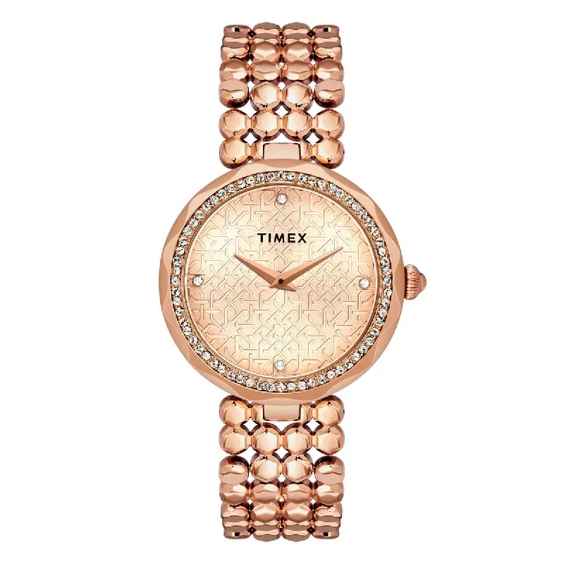 Timex Fria Women's Rose Gold Dial Round Case 2 Hands Function Watch -TWEL13900