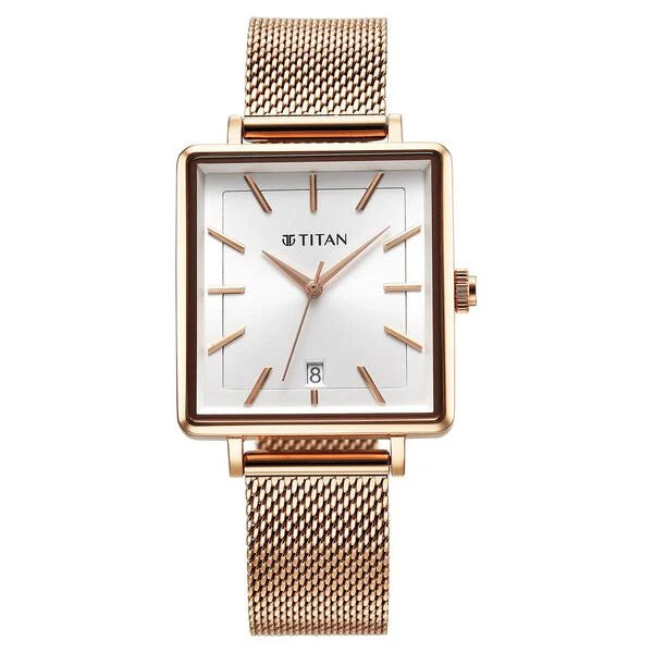 Titan Minimalists Quartz Analog with Date Silver Dial Rose Gold Stainless Steel Strap Watch for Women 94205wm01