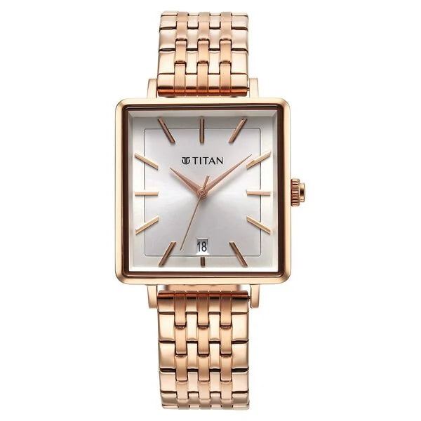 Titan Minimalists Quartz Analog with Date Silver Dial Rose Gold Stainless Steel Strap Watch for Women 94205wm02