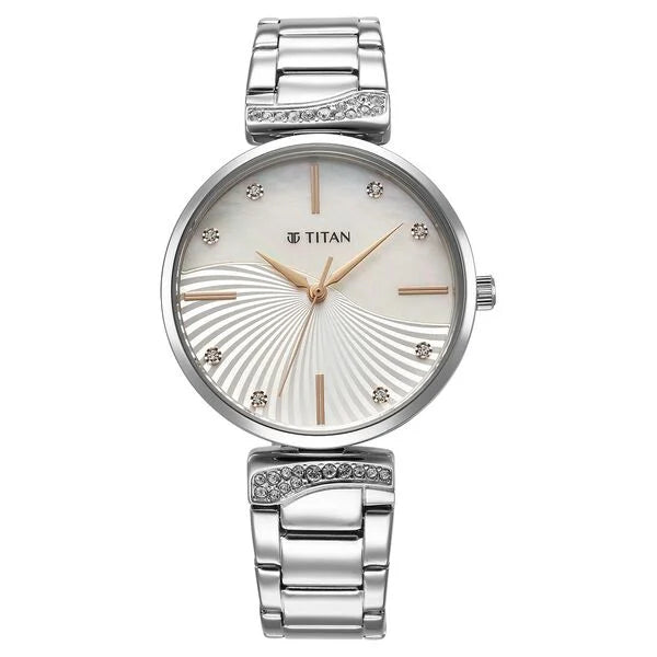 Titan Purple Style Up Quartz Analog Mother Of Pearl Dial Stainless Steel Strap Watch for Women 95237sm01