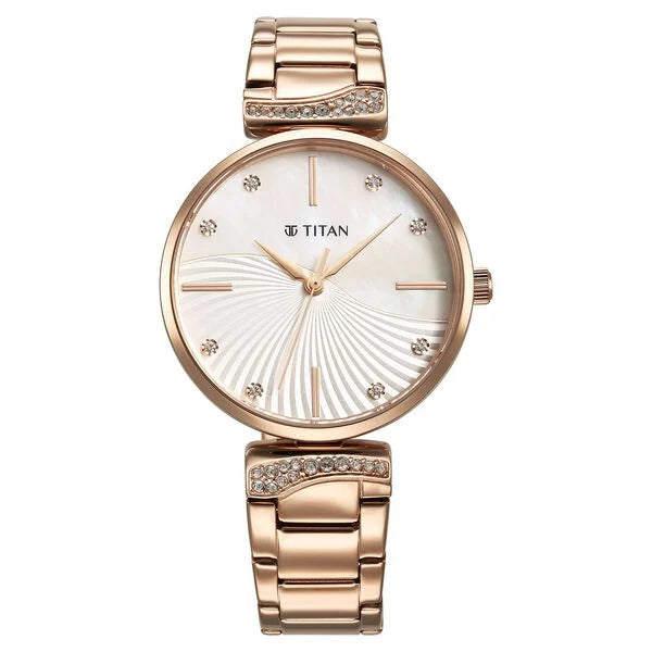 Titan Purple Style Up Quartz Analog Mother Of Pearl Dial Stainless Steel Strap Watch for Women 95237wm01