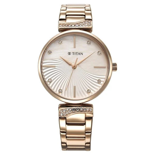 Titan Purple Style Up Quartz Analog Mother Of Pearl Dial Stainless Steel Strap Watch for Women 95237wm02