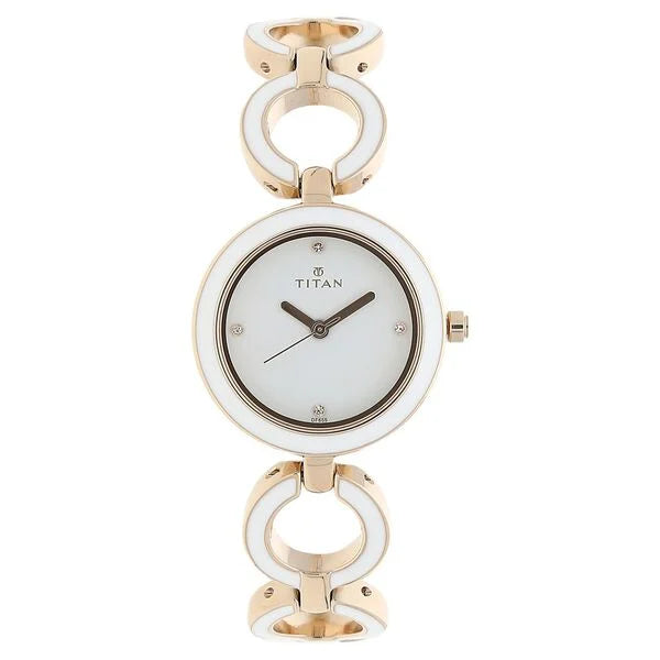 Titan Quartz Analog White Dial Metal Strap Watch for Women 95036wm02