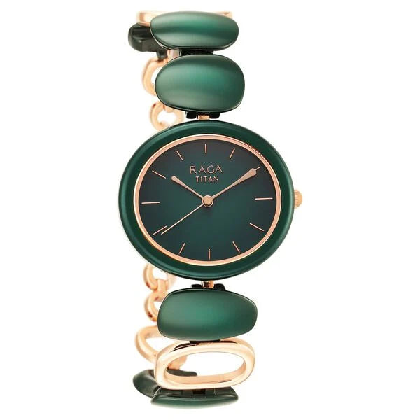 Titan Raga Ceramics Green Dial Analog Metal Strap Watch for Women 95146kd02