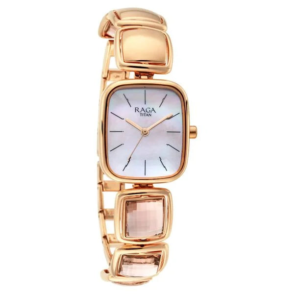 Titan Raga Moments of Joy Mother of Pearl Dial Analog Rose Gold Metal Strap watch for Women 95136wm01