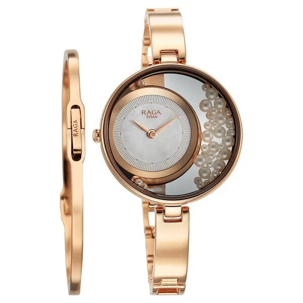 Titan Raga Power Pearls Quartz Analog White Dial with loose pearls Metal Strap Watch for Women 95224wm01f