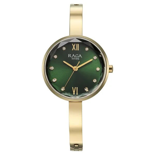 Titan Raga Showstopper Quartz Analog Green Dial Metal Strap Watch for Women 95271ym01