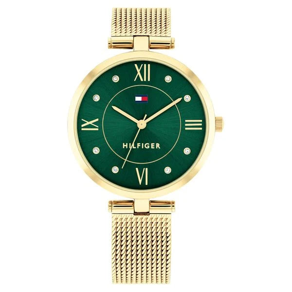 Tommy Hilfiger Quartz Analog Green Dial Golden Stainless Steel Strap Watch for Women th1782711